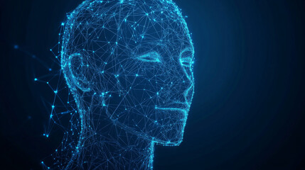 Poster - face recognition system concept featuring a low polygon human face scan on a blue template backgroun
