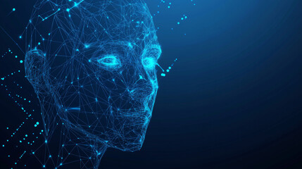 Poster - face recognition system concept featuring a low polygon human face scan on a blue template backgroun