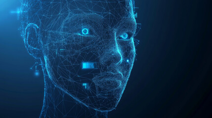 Poster - face recognition system concept featuring a low polygon human face scan on a blue template backgroun