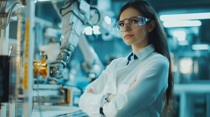 Poster - Female industrial engineer operating automation robot arms in a smart factory. Utilizing real-time monitoring system software. Digital future manufacturing concept.