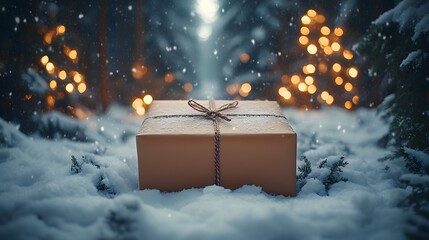 Wrapped gift box in a snowy winter landscape with glowing lights