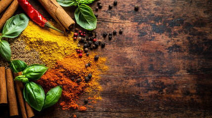 A colorful array of spices and herbs. Colorful spices, nuts, seeds, dried fruits, and herbal flowers. Seasoning spices background. Culinary traditions. Spices for cooking. Healthy food. Copy space 