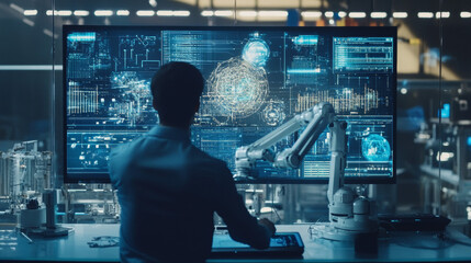 Poster - Factory industrial engineer collaborating with automation robot arms in a smart factory. Real-time monitoring system software in use. Digital future manufacturing concept, showcased in a meeting room 