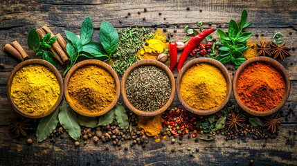 A colorful array of spices and herbs. Colorful spices, nuts, seeds, dried fruits, and herbal flowers. Seasoning spices background. Culinary traditions. Spices for cooking. Natural ingredients. Healthy