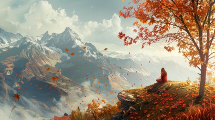 A tranquil moment  individual on hillside enjoying nature s beauty amidst majestic mountains