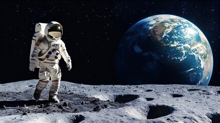 space conquest and back to the moon race concept image with an astronaut walking on the moon and vie