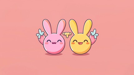 Two cartoon bunnies holding up peace signs on a pink background.