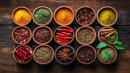 A colorful array of spices and herbs. Colorful spices, nuts, seeds, dried fruits, and herbal flowers. Seasoning spices background. Culinary traditions. Spices for cooking. Natural ingredients. Healthy