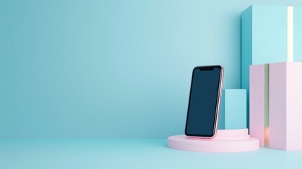 Poster - 3d render of a smartphone showcasing an e-commerce app on a soft pastel blue background. no logo, no