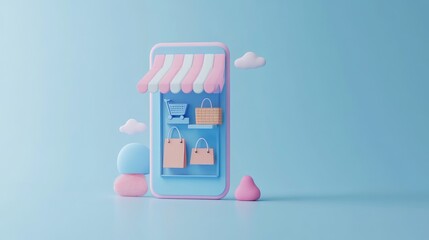 Poster - 3d render of a smartphone showcasing an e-commerce app on a soft pastel blue background. no logo, no