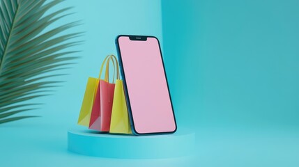 Poster - 3d render of a smartphone with shopping bags on screen, resting on a pastel blue surface. minimal de