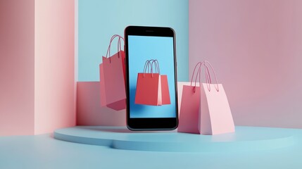 Poster - 3d render of a smartphone with shopping bags on screen, resting on a pastel blue surface. minimal de