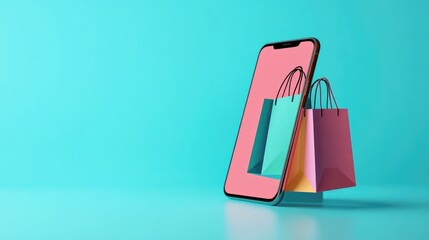 Poster - 3d render of a smartphone with shopping bags on screen, resting on a pastel blue surface. minimal de