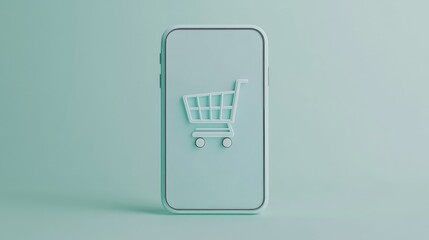 Poster - 3d rendered smartphone showcasing a shopping cart icon on screen, set on a light pastel blue backgro