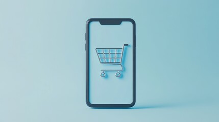 Poster - 3d rendered smartphone showcasing a shopping cart icon on screen, set on a light pastel blue backgro