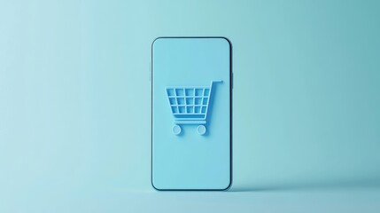 Poster - 3d rendered smartphone showcasing a shopping cart icon on screen, set on a light pastel blue backgro