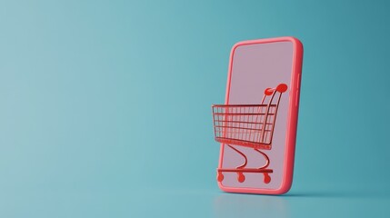 Poster - 3d rendered smartphone showcasing a shopping cart icon on screen, set on a light pastel blue backgro