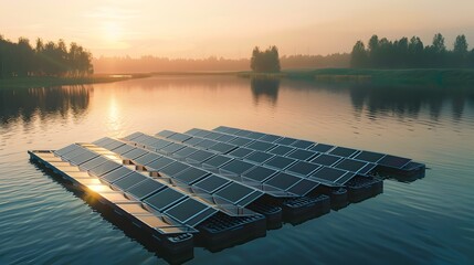 Wall Mural - Floating Solar Panels on Serene Reservoir Generating Clean Renewable Energy