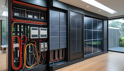 Wall Mural - Futuristic smart home interior featuring advanced automation elements, organized electrical panel with circuits, and prominent solar panel integration