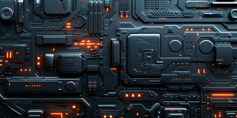 Poster - futuristic dark sci-fi panel design with integrated red and orange light elements in wide format