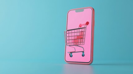 Poster - minimalist 3d render of a smartphone with a shopping cart on the screen, pastel blue background. no 