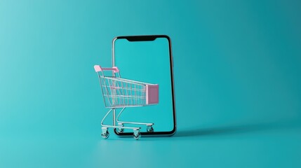 Poster - minimalist 3d render of a smartphone with a shopping cart on the screen, pastel blue background. no 