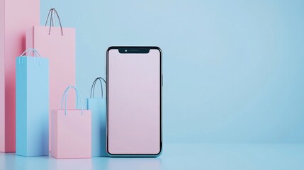 Poster - online shopping app interface on a 3d rendered smartphone over a soft blue pastel background. minima