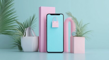 Poster - online shopping app interface on a 3d rendered smartphone over a soft blue pastel background. minima