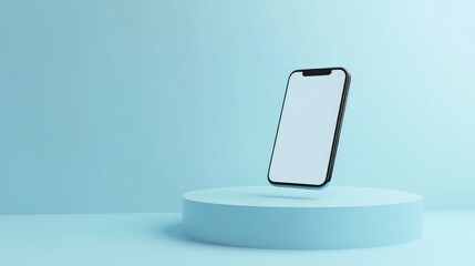 Poster - online store interface on a floating smartphone over a minimalist pastel blue background. 3d render.