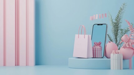 Poster - online store interface on a floating smartphone over a minimalist pastel blue background. 3d render.
