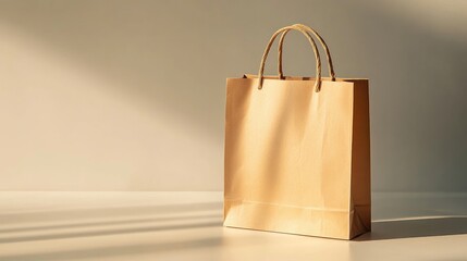 Poster - shopping paper bag on a minimalistic background, standing tall with its handles casting gentle shado