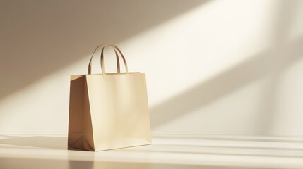 Poster - shopping paper bag on a minimalistic background, standing tall with its handles casting gentle shado