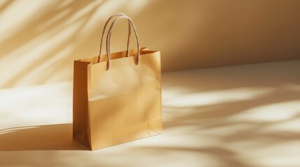 Poster - shopping paper bag on a minimalistic background, standing tall with its handles casting gentle shado