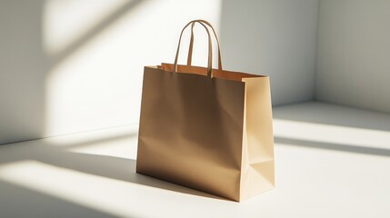 Poster - shopping paper bag resting on a clean background, with light reflecting off the material, creating a