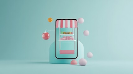 Poster - Smartphone showing an online store interface floating over a pastel blue background. 3D minimalist render. No logo, no people.