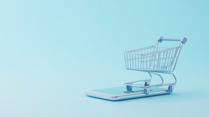 Poster - smartphone with a digital shopping cart on screen, floating over a soft pastel blue background. 3d r