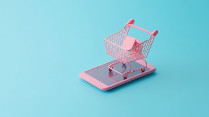 Poster - smartphone with a shopping cart icon displayed, floating over a pastel blue background. 3d render. n