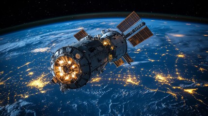 Wall Mural - high-tech space station, circular and illuminated, with earth's blue oceans below and shimmering spa