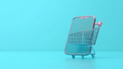 Poster - smartphone with a shopping cart icon displayed, floating over a pastel blue background. 3d render. n