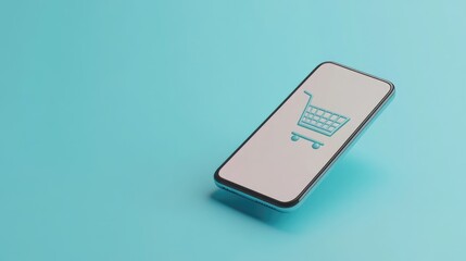 Poster - smartphone with a shopping cart icon displayed, floating over a pastel blue background. 3d render. n