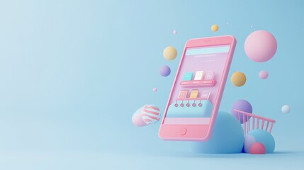 Poster - Smartphone with online store interface floating on a pastel blue background, modern 3D render. No logo, no people.