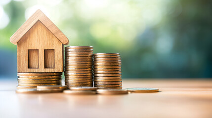 Wall Mural - Home purchase and real estate investments Stacks of coins with wooden house on the table