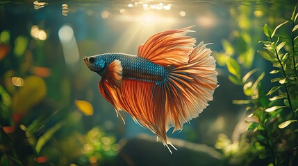 A Vibrant Siamese Fighting Fish with Flowing Fins Against a Lush Green Background