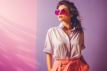 Canvas Print - A woman wearing a pink shirt and orange pants stands in front of a purple wall