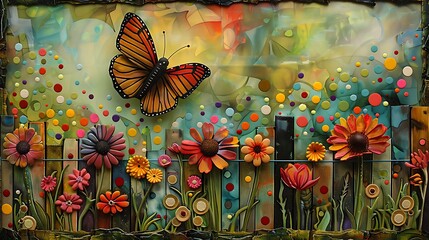 Colorful Butterfly and Flower Garden Artwork