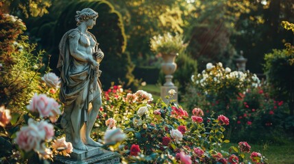 A beautiful view of apollo s statue amidst a lush garden filled with blooming flowers and serenity