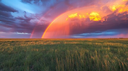 Rainbow Arcing Over Grassy Field at Sunset