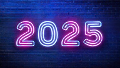 Wall Mural - neon 2025 new year on brick wall