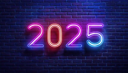 Wall Mural - neon 2025 new year on brick wall