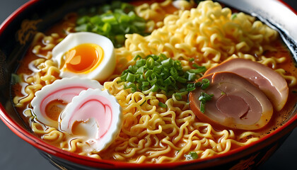 Wall Mural - Close-up shot of Japanese ramen with rich ingredients and tasty broth